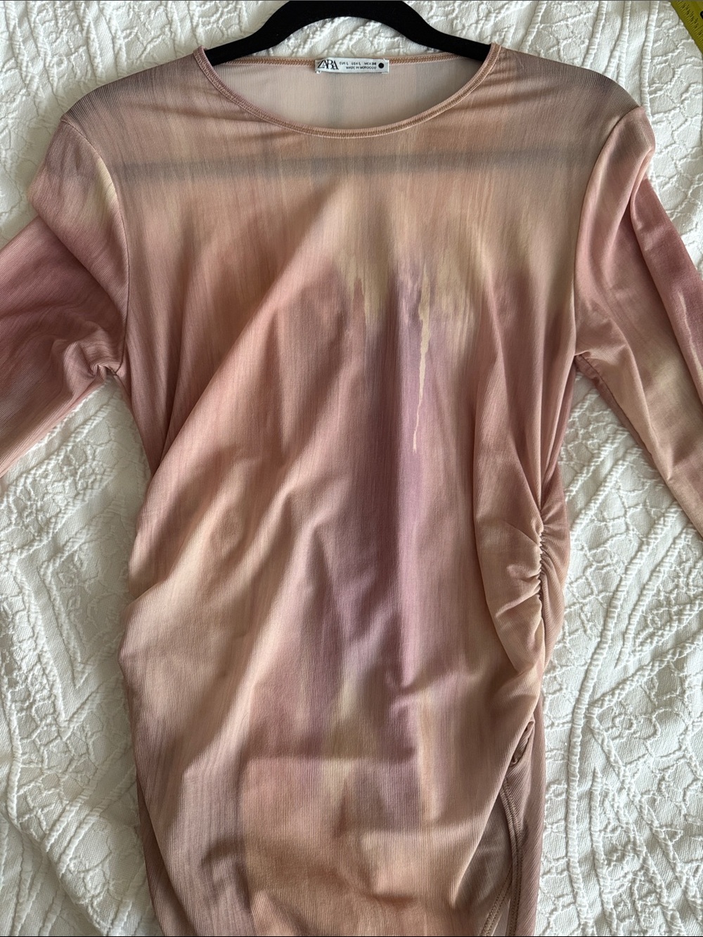 ZARA Pink Tie-Dye Ruched Waist Bodysuit Large